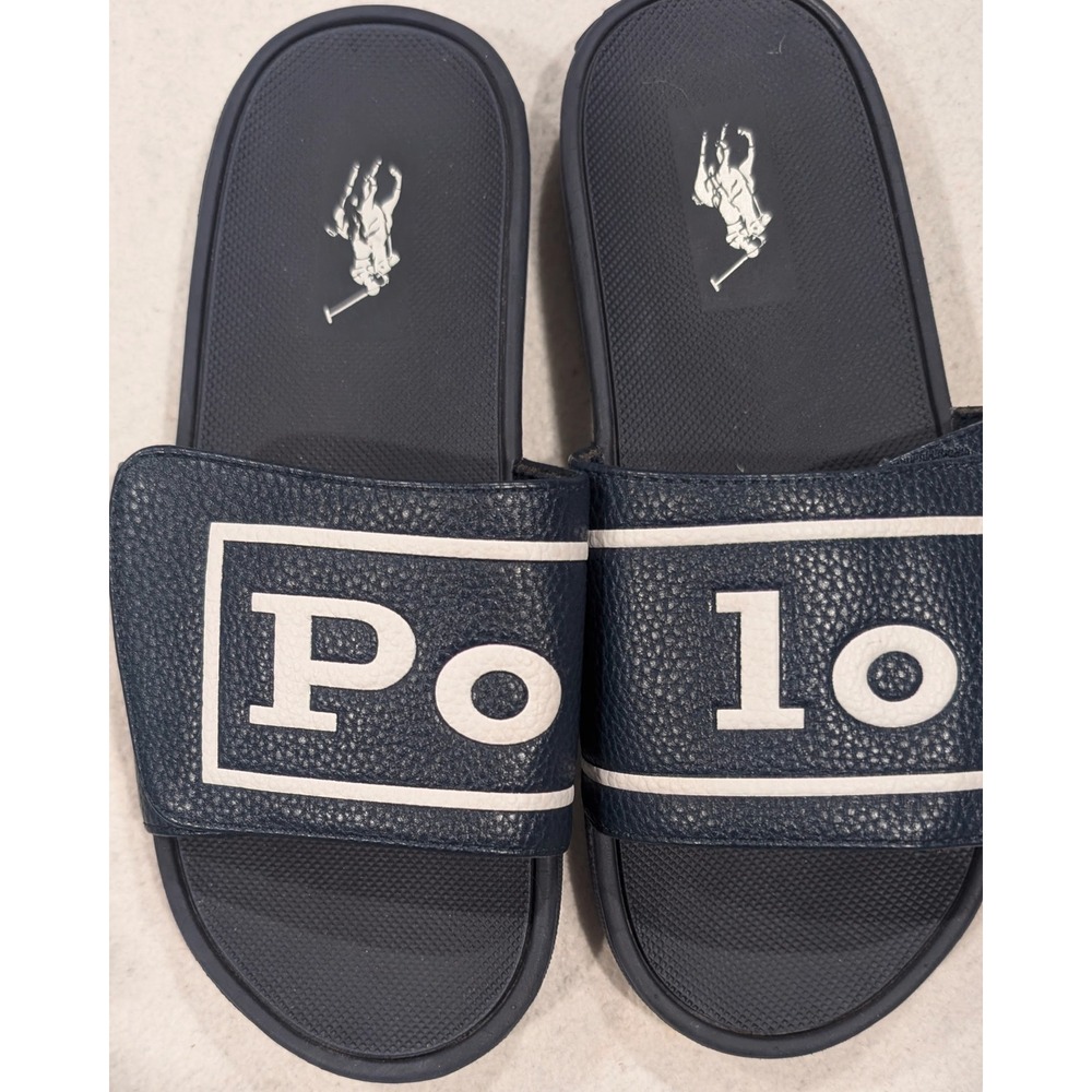 Polo Ralph Lauren Slides Navy Logo Sandals EUC Y2K Streetwear Size 5